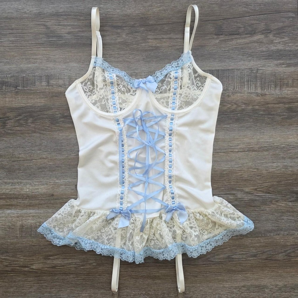 Vintage Unbranded Coquette Bustier Corset Top Blue Lace Ruffle Small